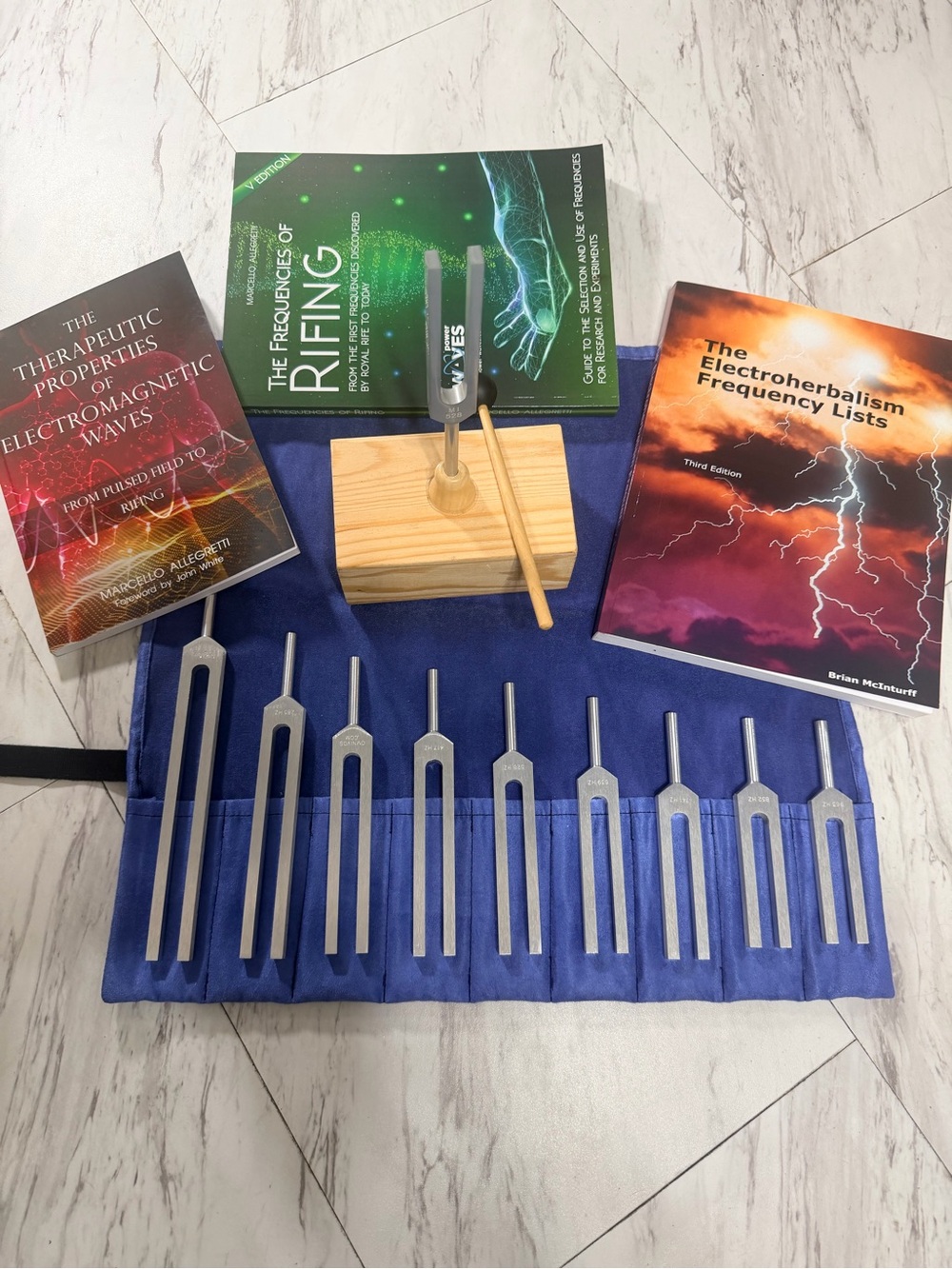 Silver Tuning Fork Set with Blue Storage Roll and Wooden Mallet - Unbranded